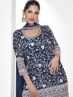 Dark Blue Premium Chinon Silk Sharara Suit